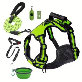 Tactical Service Dog Harness Strap Set, Car Seat Belt, Collapsible Bowl, Biodegradable Trash Bag Set For Dogs (Option: Green-M)